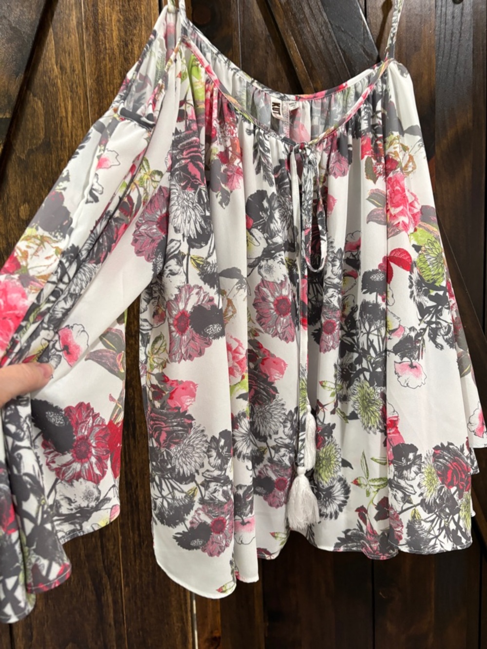 Boho Floral, Cold Shoulder, Tassel Tie, Flowy Sleeves  XL
